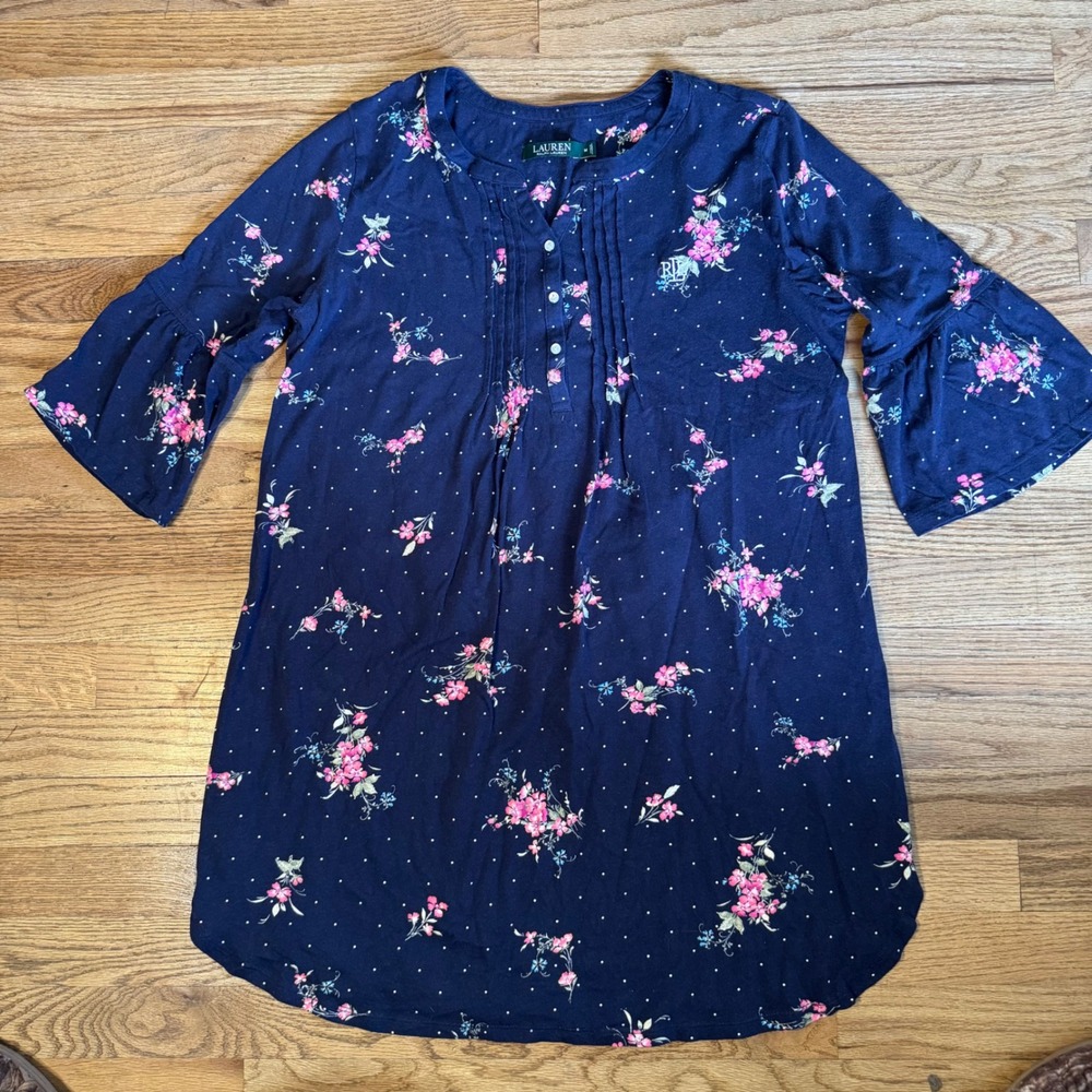 Lauren Ralph Lauren Navy Floral Polka Dot Henley Bell Sleeve Sleep Shirt M - Picture 1 of 9